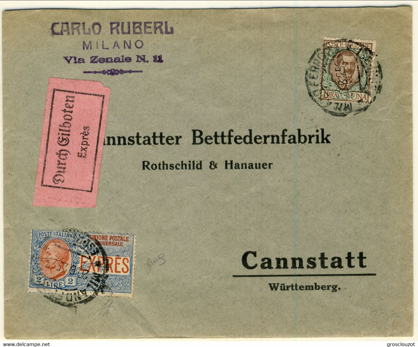 Italia 1925 RARO Espresso N 13 L 2 Azzurro E Rosso Su Busta Milano-Wurttemberg Con N 77 L 1 (A Diena, Biondi) Cat € 1100 - Eilsendung (Eilpost)