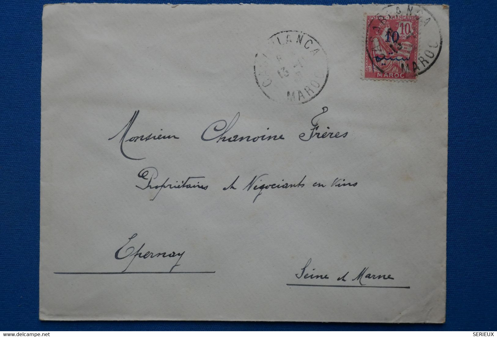 V20 MAROC FRANCE BELLE  LETTRE  GRAND H 1913 CASABLANCA POUR EPERNAY  FRANCE+  SURCHARGES+ CACHETS  + AFFRANCH. PLAISANT - Briefe U. Dokumente