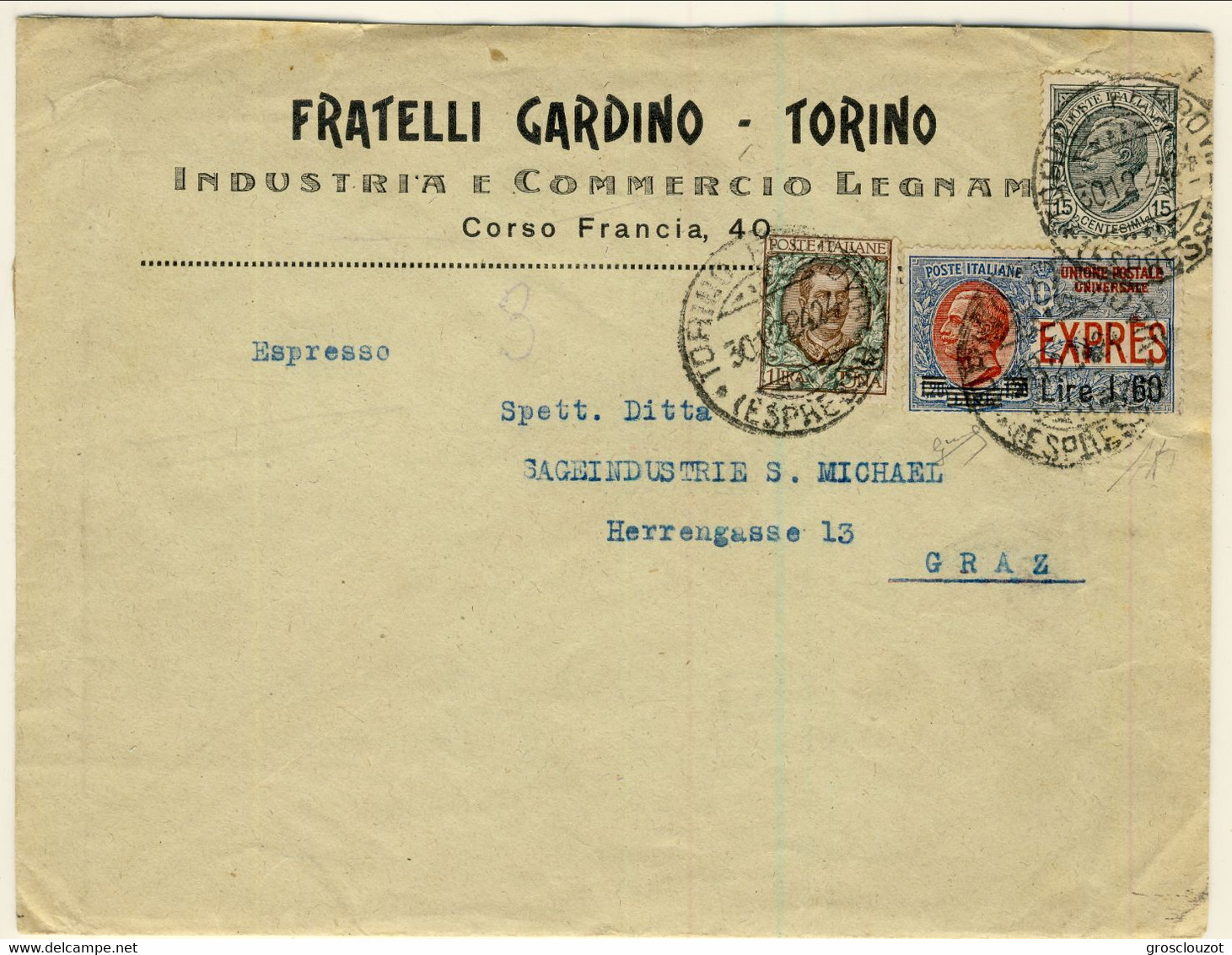 1924 RARO Espresso Sass. N. 10 L 1,60 Su 1,20 Azzurro-rosso, Busta Genova-Graz Con N. 77 L 1 E N. 108 (Diena) Cat € 1100 - Exprespost