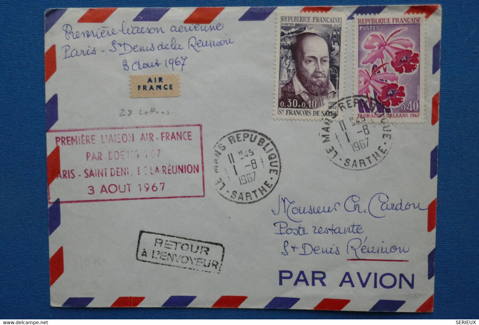 V20 REUNION  FRANCE    BELLE  LETTRE   1967  IER  VOL AIR FRANCE . PARIS  POUR ST DENIS   +    AFFRANCHISSEMENT PLAISANT - Briefe U. Dokumente