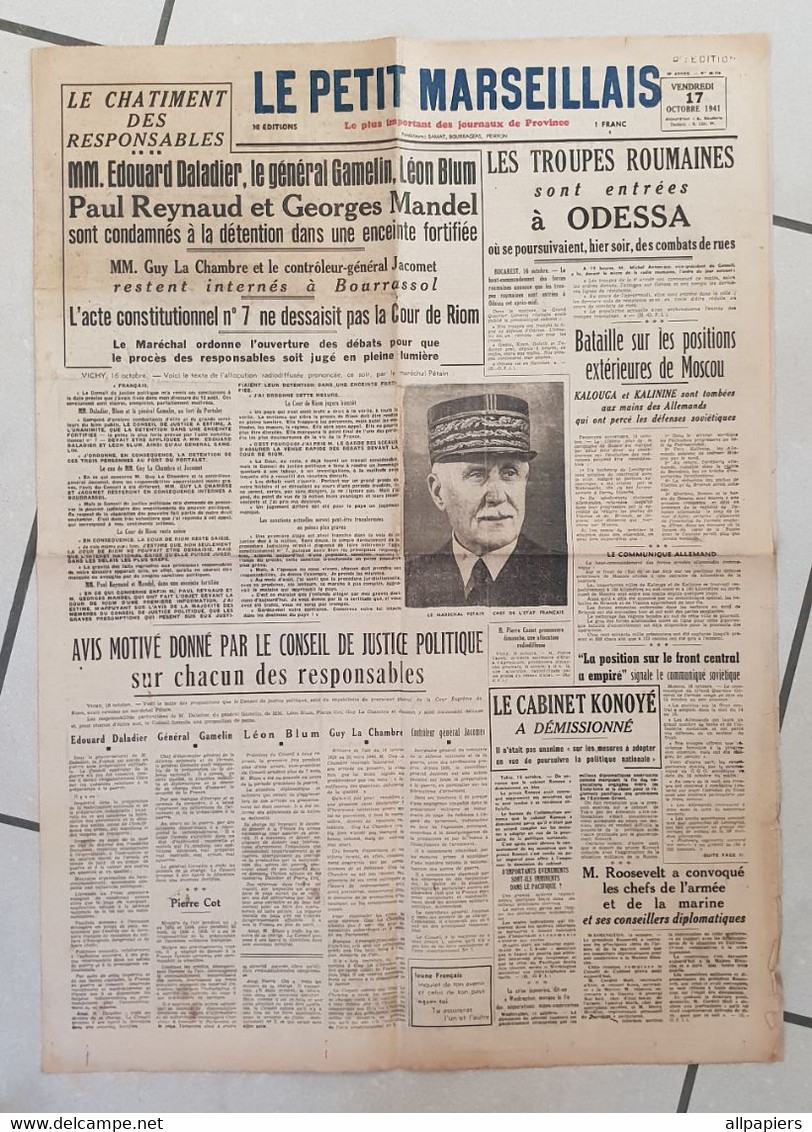 Journal Le Petit Marseillais N°26772 Les Troupes Roumaines Sont Entrées à Odessa Le 17 Octobre 1941 - Le Petit Marseillais