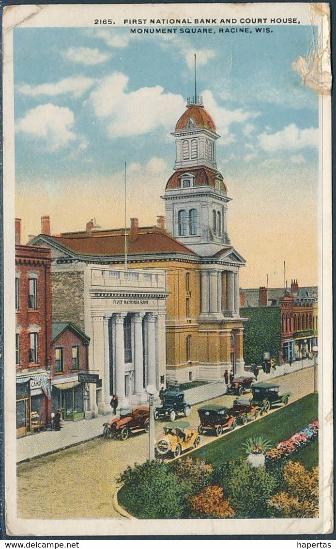 First National Bank And Court House, Monument Square, Racine, Wis. - Posted 1920 - Racine