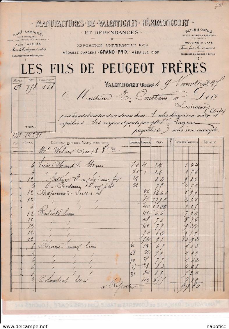 25-les Fils De Peugeot Frères...Aciers-Laminés-Scies & Outils..Valentigney...(Doubs)...1897 - Andere & Zonder Classificatie