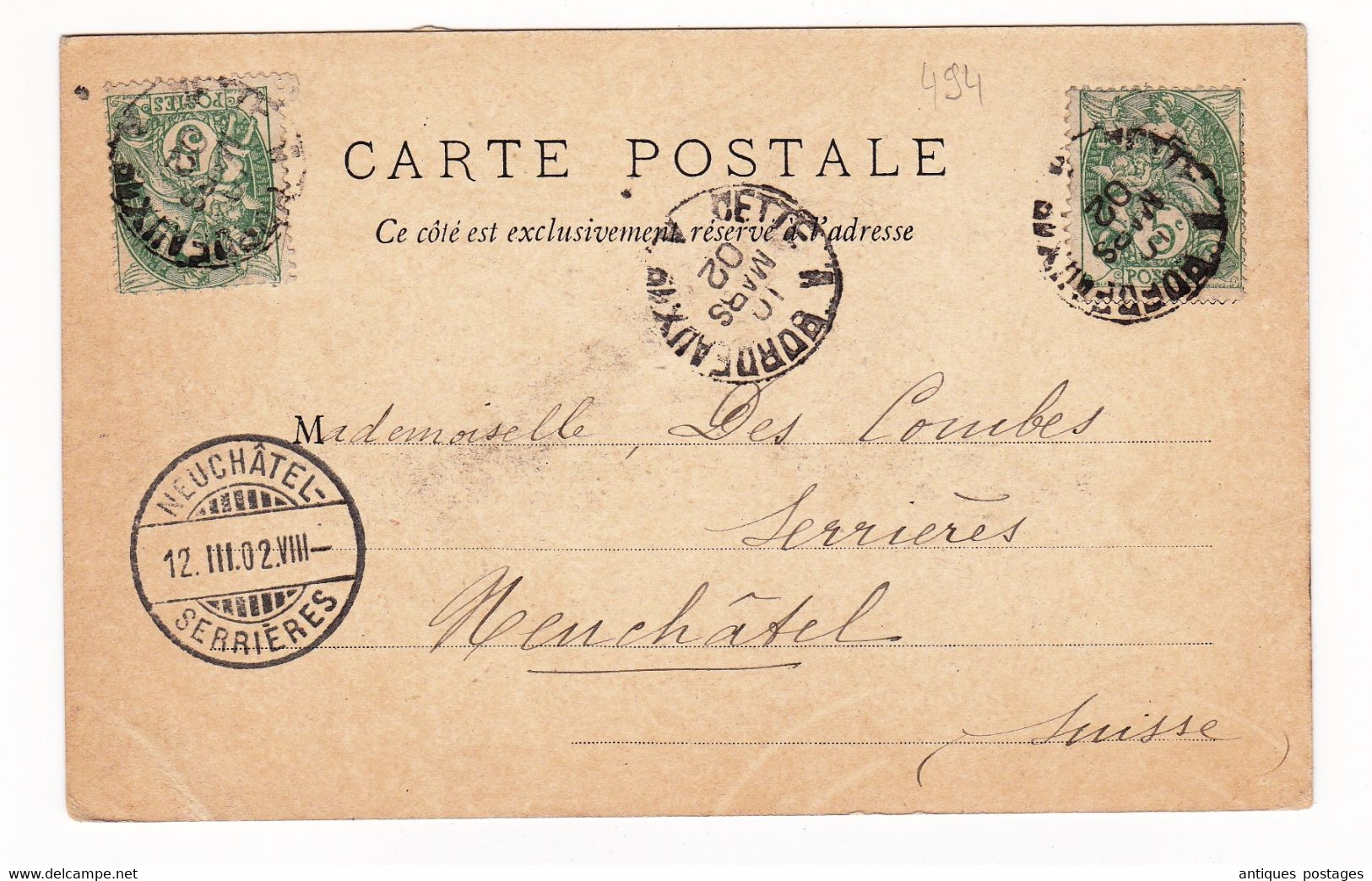 Carte Postale 1902 Bordeaux Gironde Type Blanc Neufchâtel Serrières Suisse  Porte Du Palais De L'Ombrière - 1900-29 Blanc