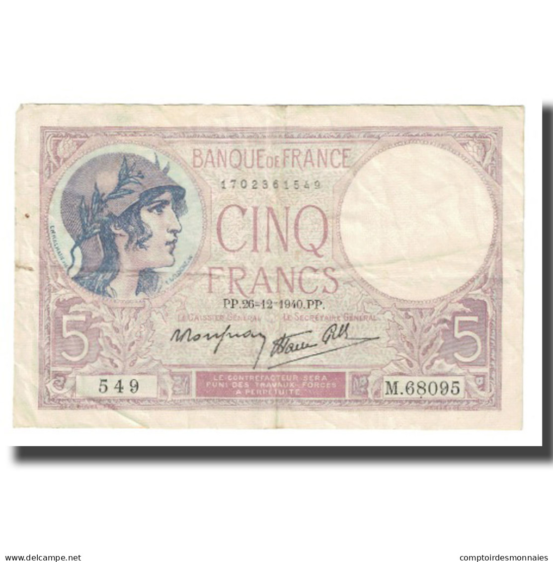 France, 5 Francs, Violet, 1940, P. Rousseau And R. Favre-Gilly, 1940-12-26, TTB - 5 F 1917-1940 ''Violet''