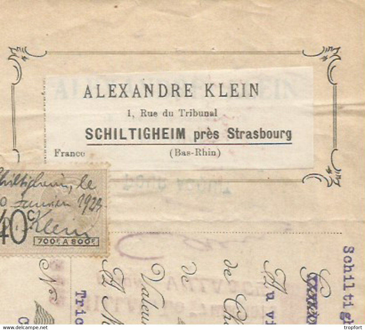 JY  / Facture Ancienne  SCHILTIGHEIN 1923 Alexandre KLEIN   / MAZAMET - Schiltigheim