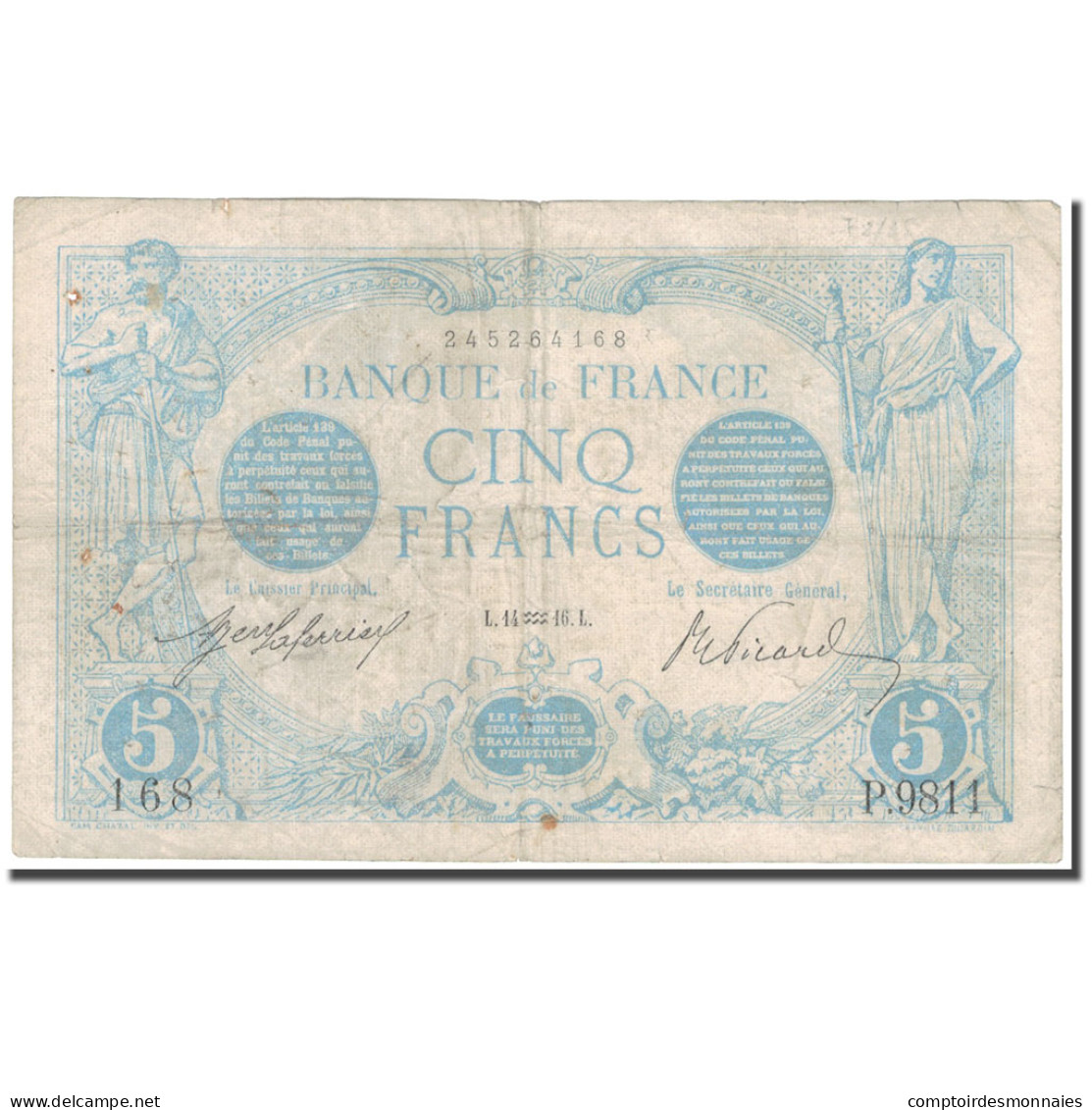 France, 5 Francs, Bleu, 1916, 1916-01-14, TB, Fayette:2.35, KM:70 - 5 F 1912-1917 ''Bleu''