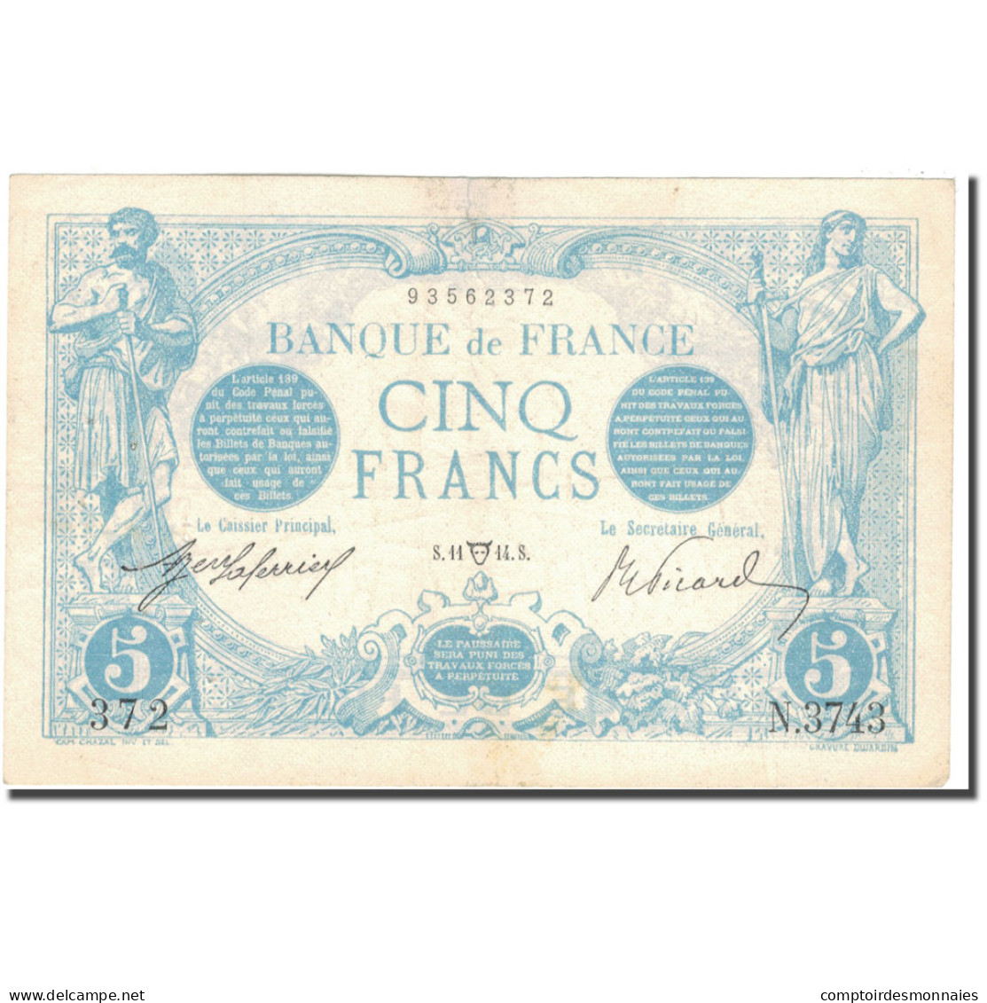 France, 5 Francs, Bleu, 1914, 1914-04-01, TB+, Fayette:02.22, KM:70 - 5 F 1912-1917 ''Bleu''