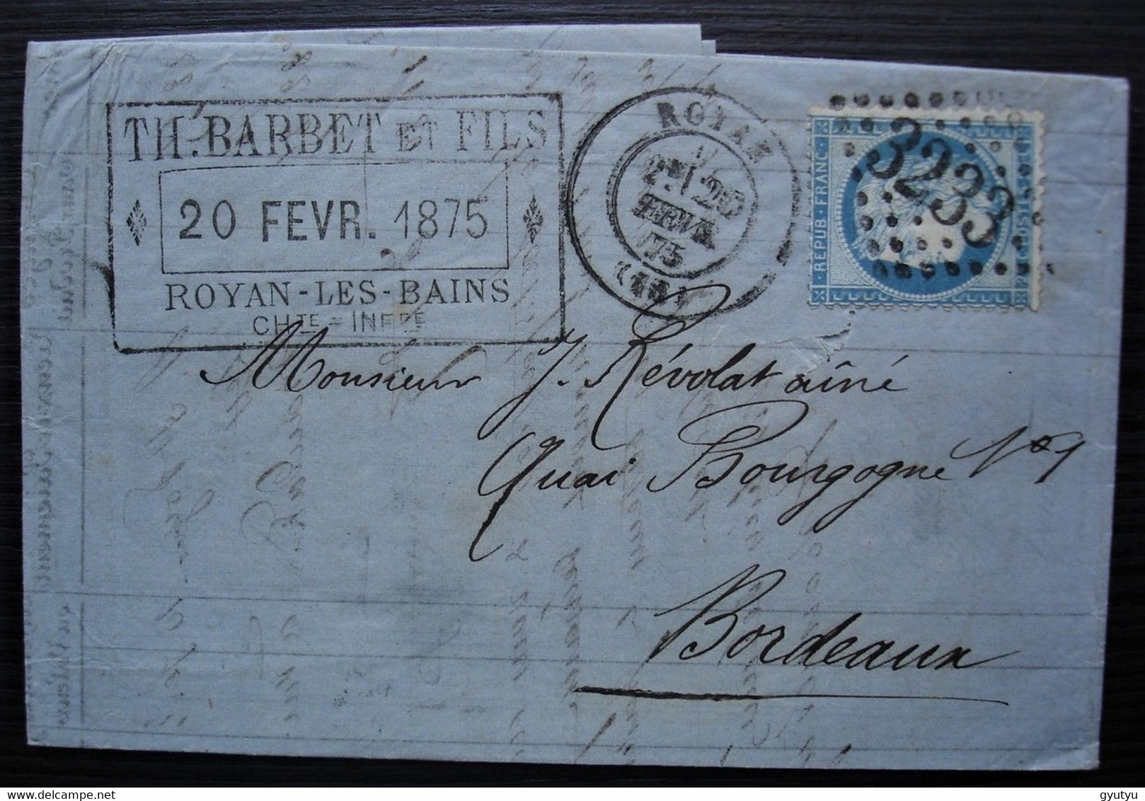 Royan 1875 Th Barbet Et Fils Gc 3233, Lettre Pour Bordeaux - 1849-1876: Classic Period