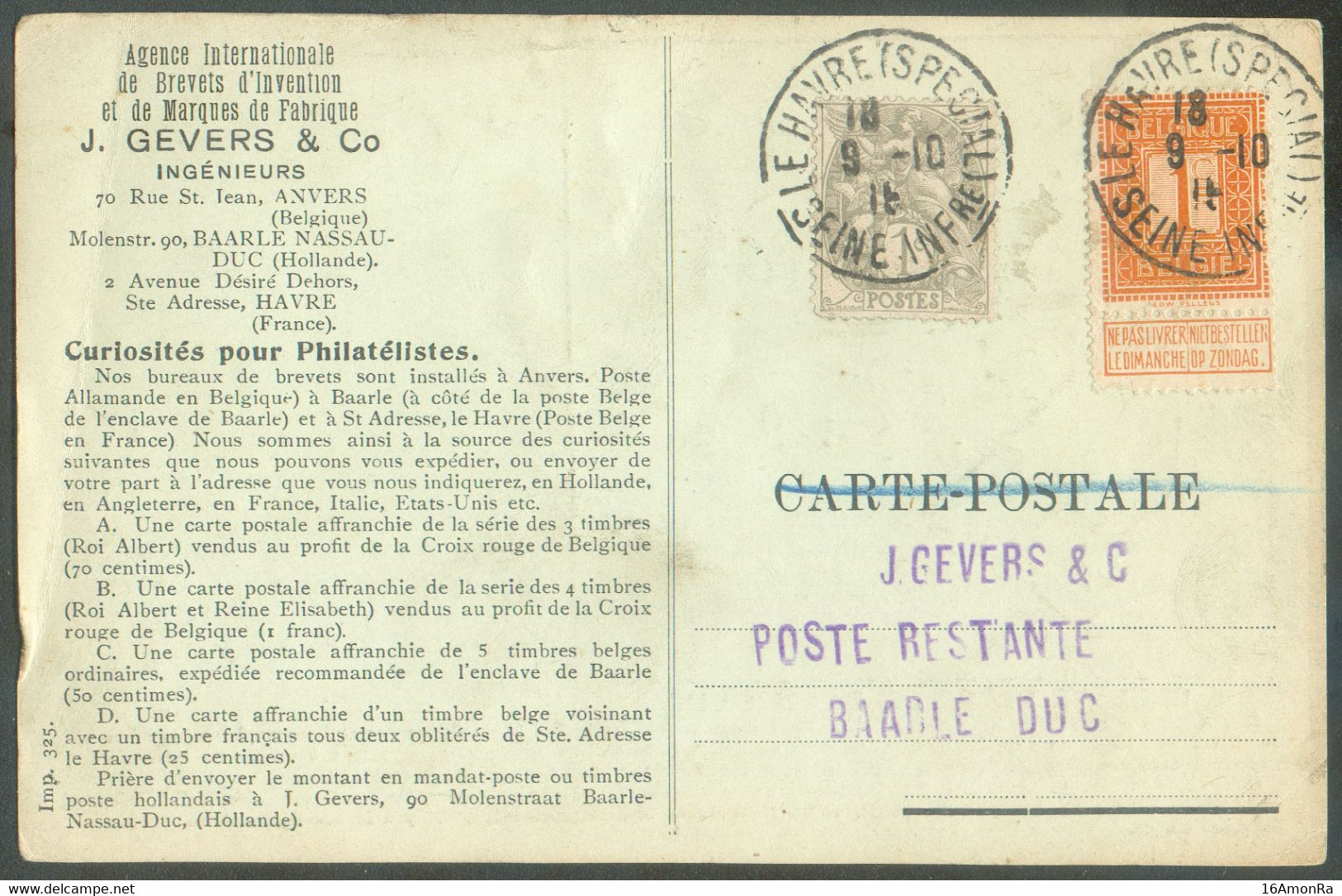 N°108 + France 1c. Blanc  Obl. Sc LE HAVRE (SPECIAL) Sur CP Du 9-10-1916 Vers Baarle-Duc - 18426 - Other & Unclassified