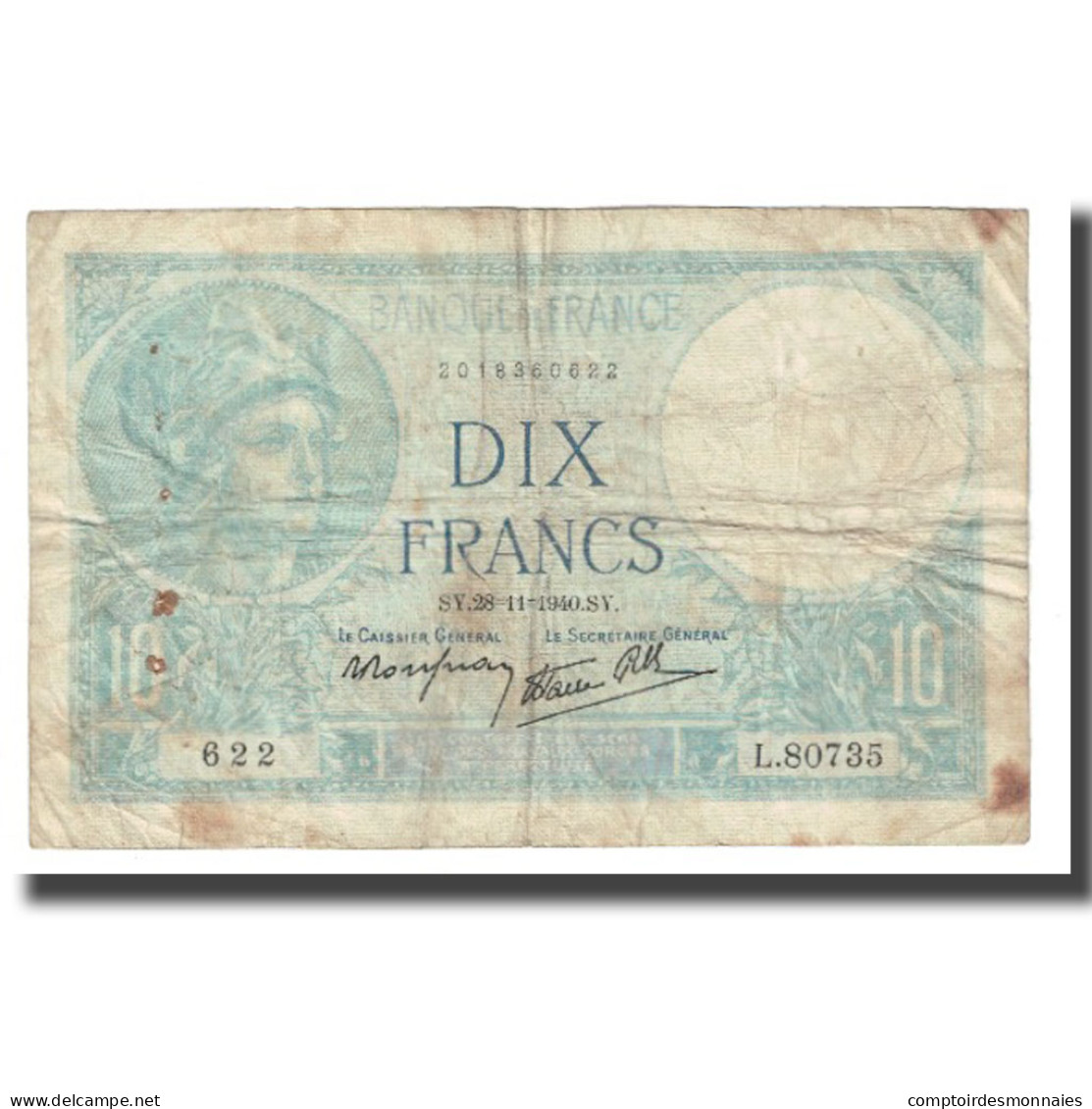 France, 10 Francs, Minerve, 1940, Platet Strohl, 1940-11-28, TB, Fayette:07.22 - 10 F 1916-1942 ''Minerve''