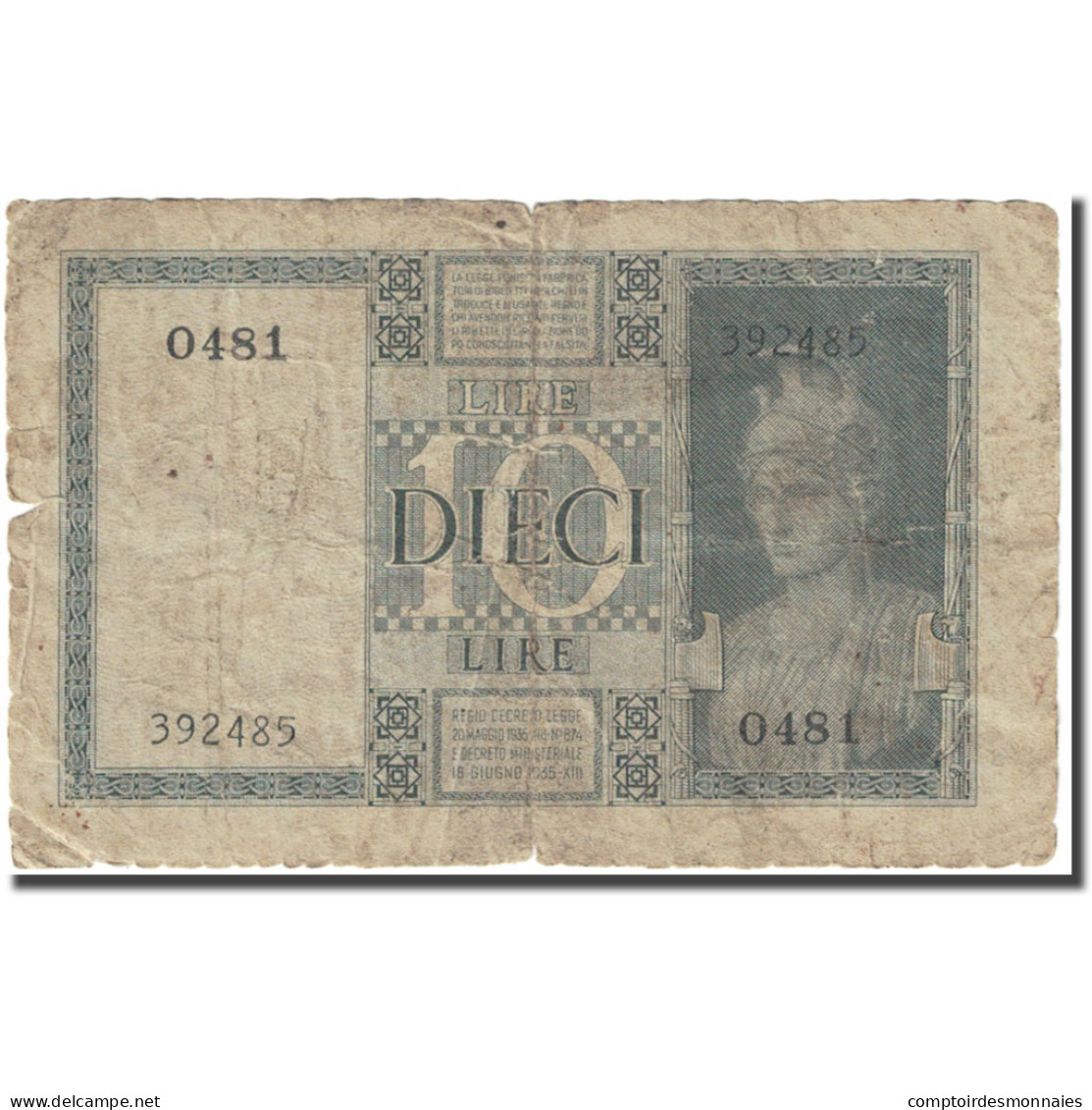 Billet, Italie, 10 Lire, 1938, KM:25b, B - Regno D'Italia – 10 Lire