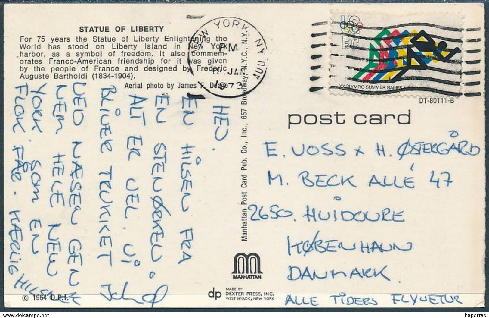 Statue Of Liberty, NY / 15c Summer Olympics Solo Postcard - Posted 1973 - Vrijheidsbeeld