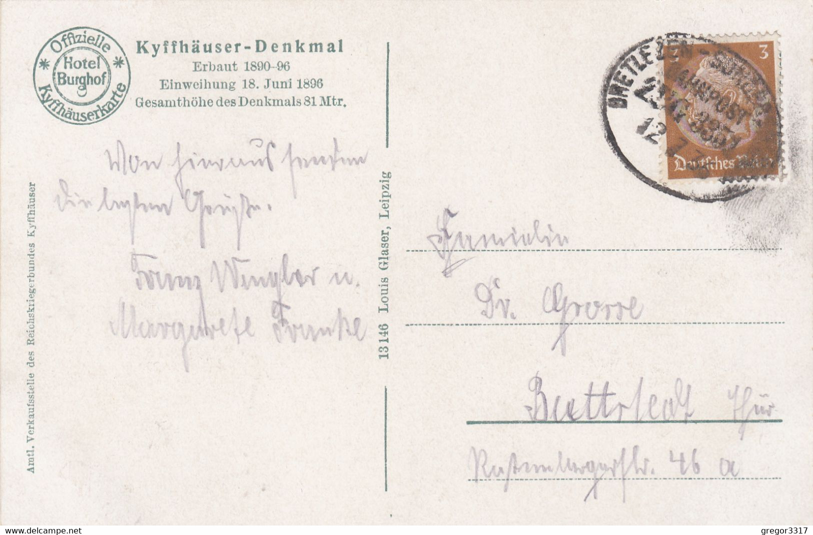 6756) Denkmal KAISER WILHELM I Auf Dem KYFFHÄUSER - Alt !! 12.7.1937 BAHNPOST - Kyffhäuser