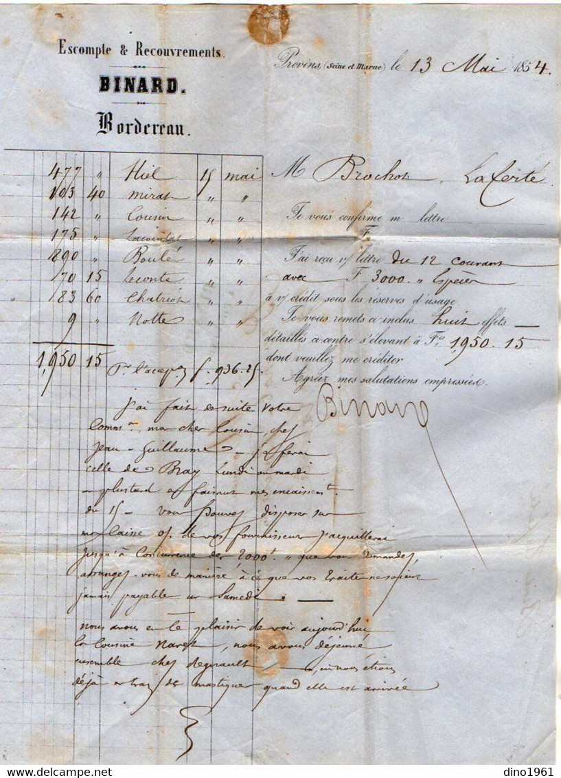 VP18.157 - 1854 - Lettre / Facture - Escompte & Recouvrements - BINARD à PROVINS Pour LA FERTE - Banco & Caja De Ahorros