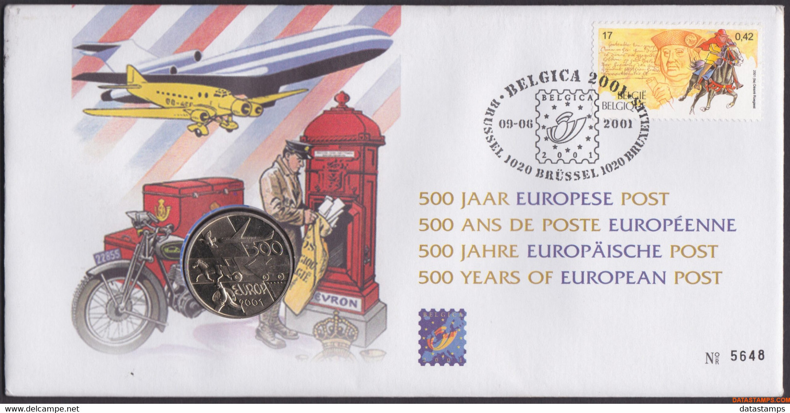 België 2001 - Mi:3046, Yv:2991, OBP:2996, Nummisletter - O - Belgica 2001 500 Years Of European Mail - Numisletter