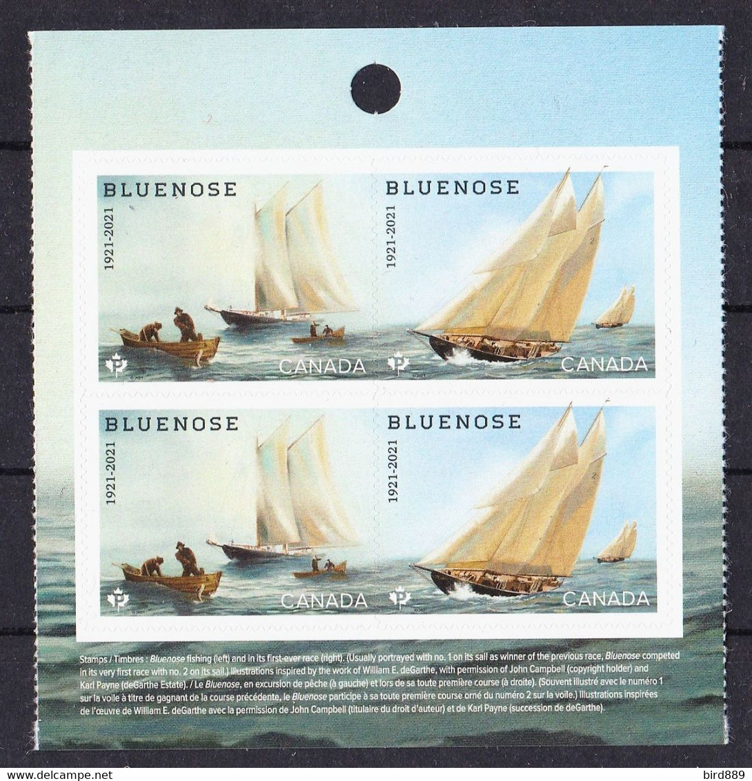 2021 Canada Ship Sailing Fishing Bluenose Boat Full Middle Pane Of 4 From Booklet MNH - Paginas De Cuadernillos