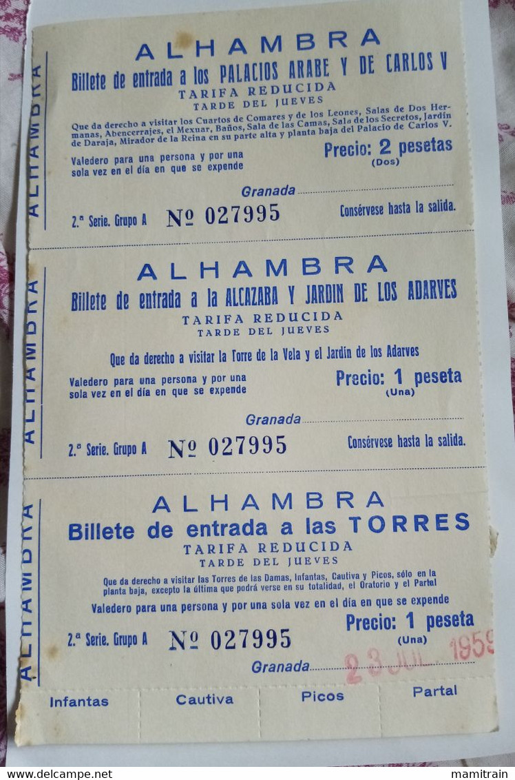 TICKET . GRANADA  ALHAMBRA . 1959 - Biglietti D'ingresso