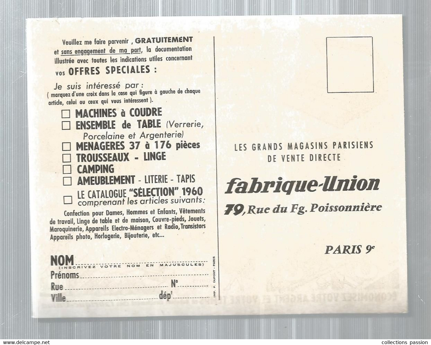 JC, Cp , Publicité , FABRIQUE-UNION ,Paris ,vierge ,2 Scans - Advertising