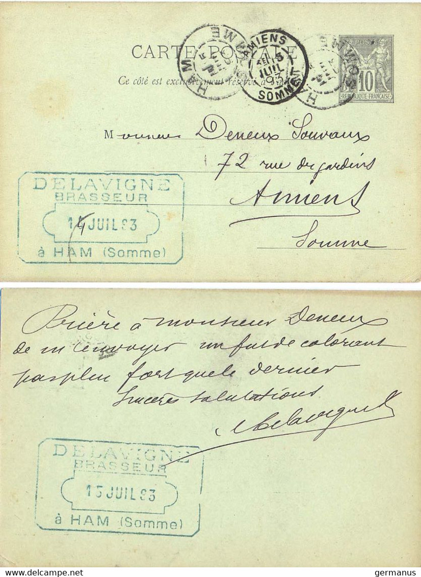 DELAVIGNE BRASSEUR  HAM SOMME TàD 15 JUIN 93 Sur ENTIER C.P. TYPE SAGE 10 C. - Standard Postcards & Stamped On Demand (before 1995)