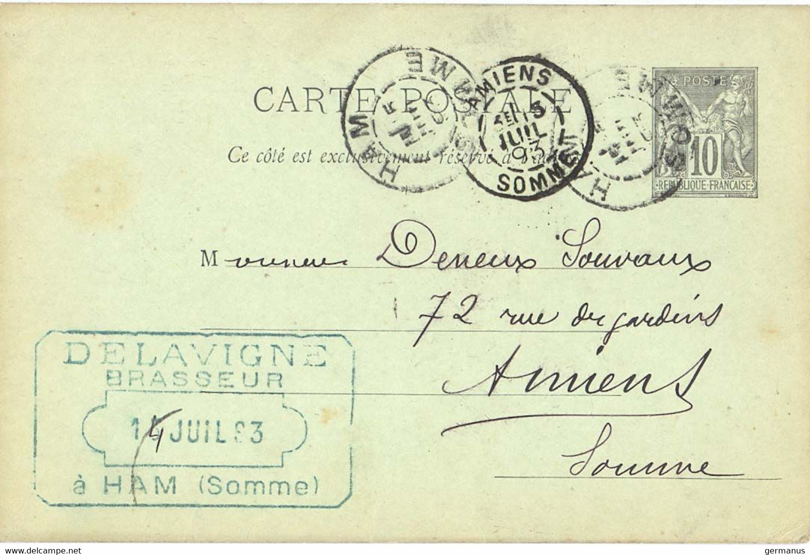 DELAVIGNE BRASSEUR  HAM SOMME TàD 15 JUIN 93 Sur ENTIER C.P. TYPE SAGE 10 C. - Standard Postcards & Stamped On Demand (before 1995)