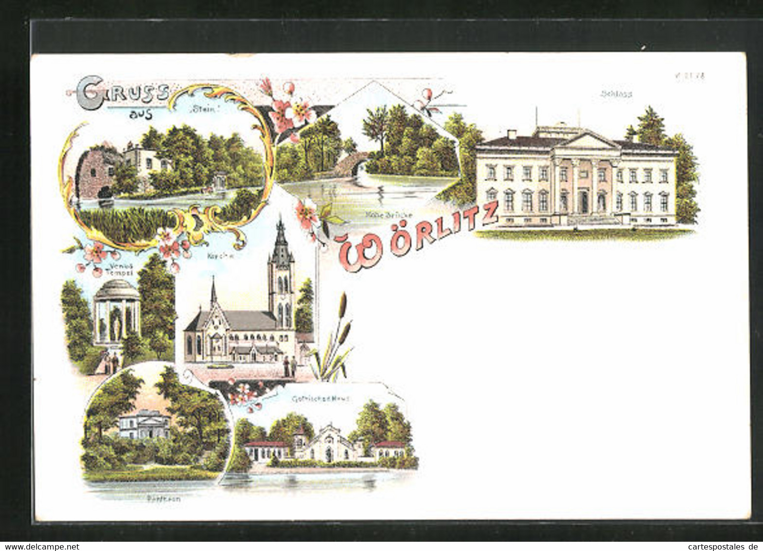 Lithographie Wörlitz, Schloss, Kirche, Pantheon - Woerlitz