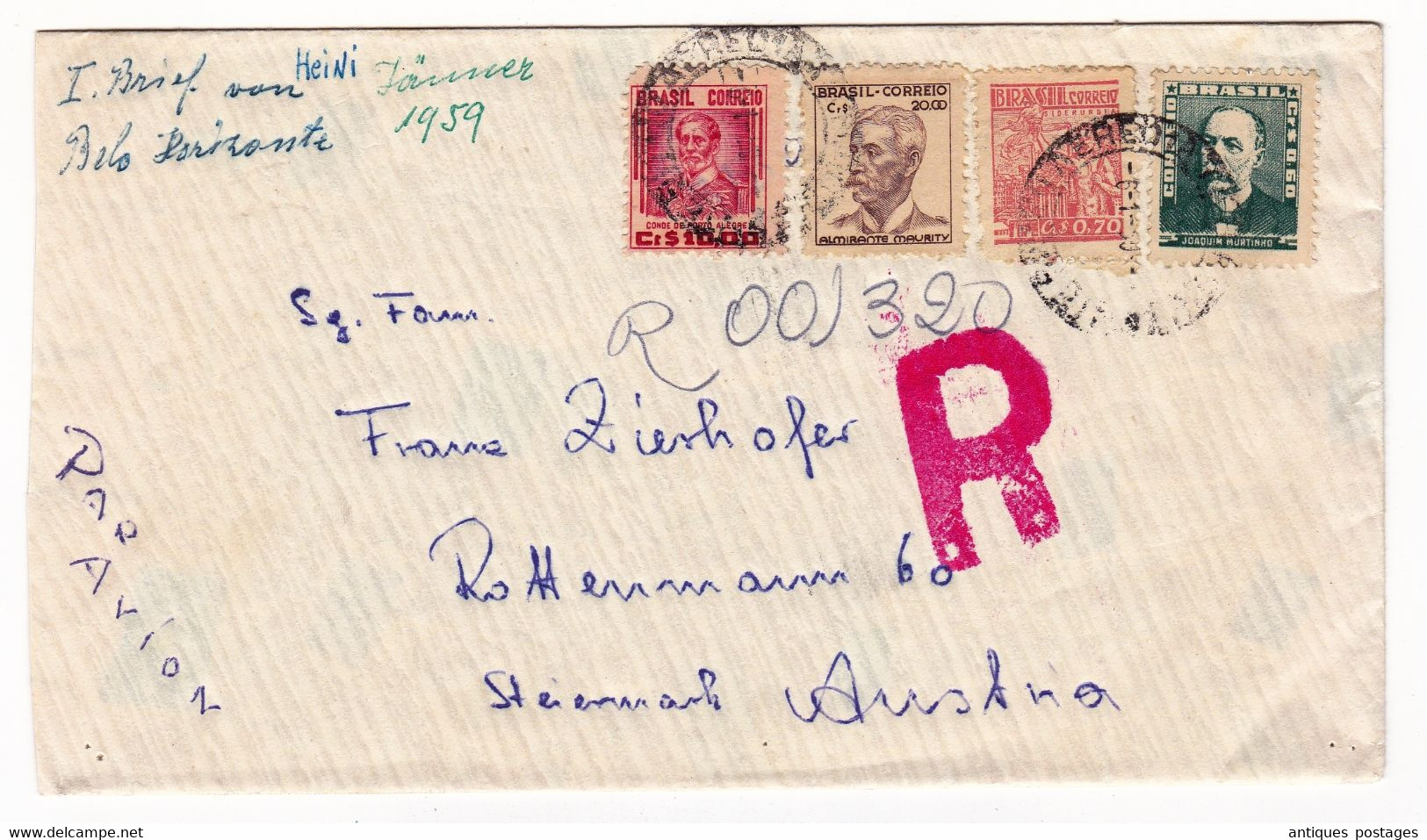 Lettre Recommandée 1959 Belo Horizonte Brésil Brazil Autriche Austria Österreich - Briefe U. Dokumente