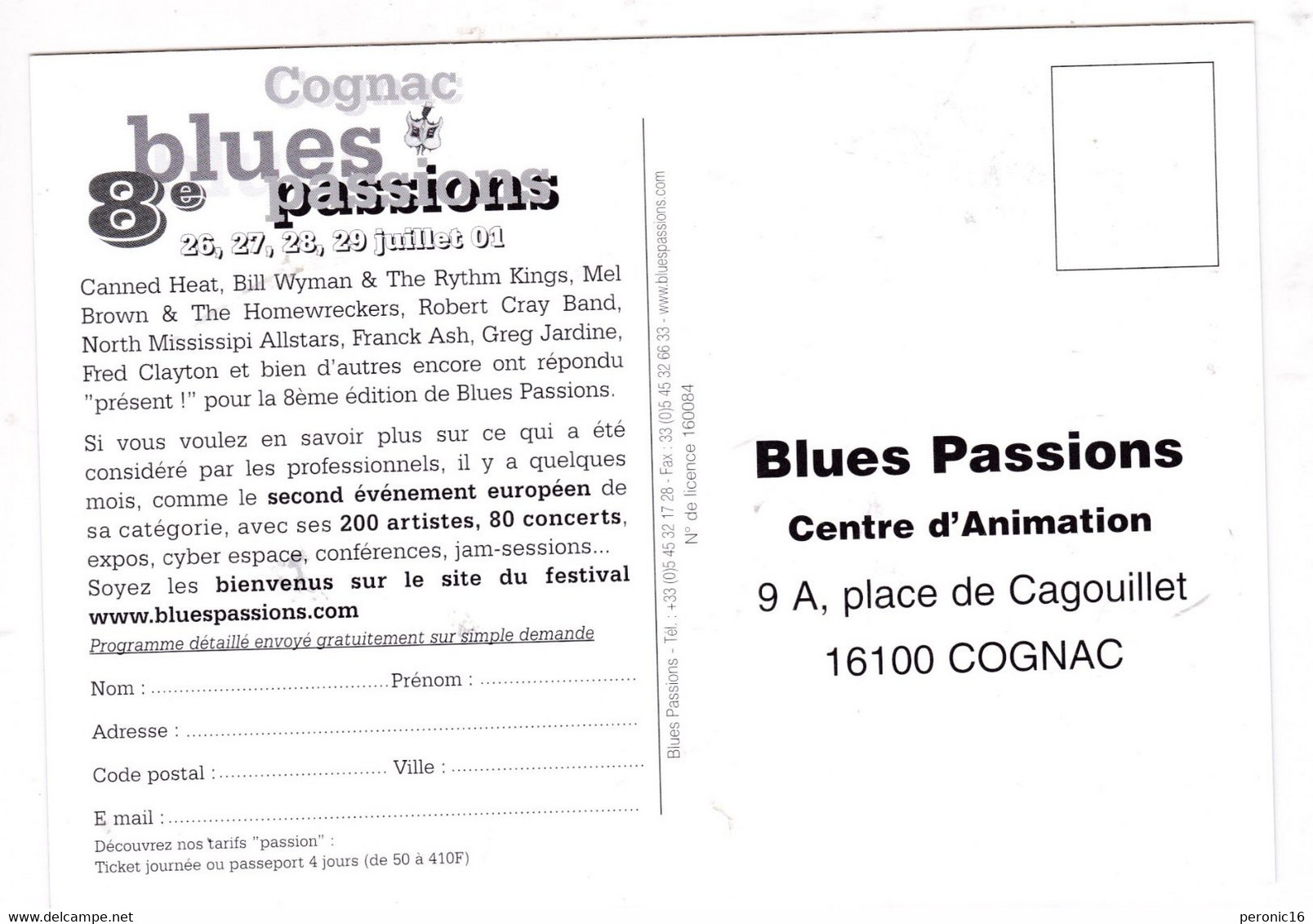 Carte Publicitaire Cognac Blues Passion 2001, 8e édition - Affiches & Posters