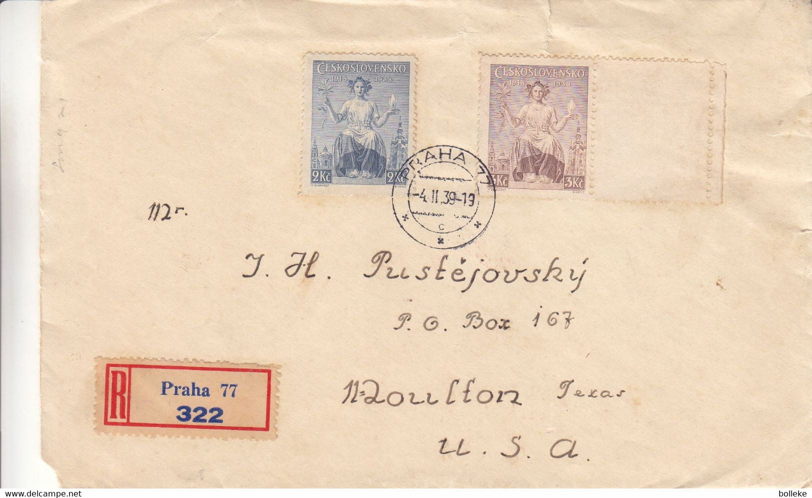 Tchècoslovaquie - Lettre Recom De 1939 - Oblit Praha - Exp Vers Moulton Texas Au USA - Cachet De Saint Louis - Covers & Documents