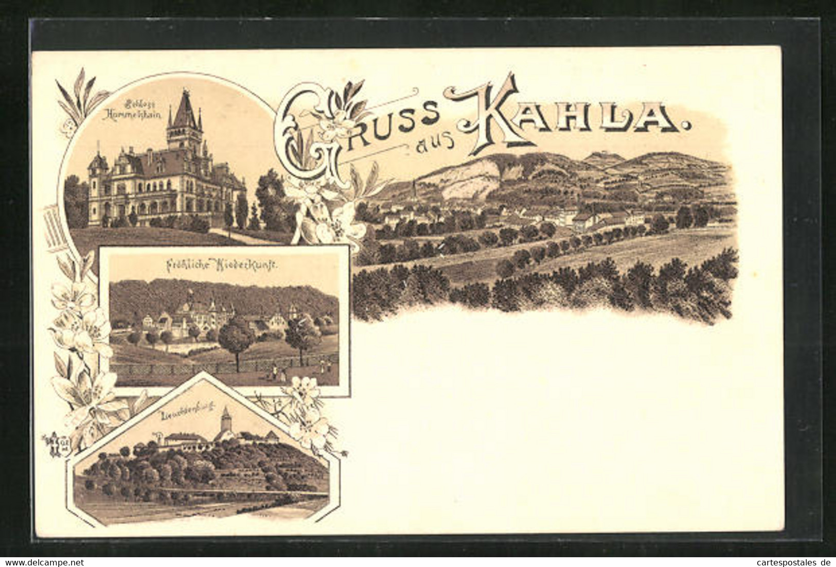 Lithographie Kahla, Schloss Hummelshain, Fröhliche Wiederkunft, Leuchtenburg - Kahla