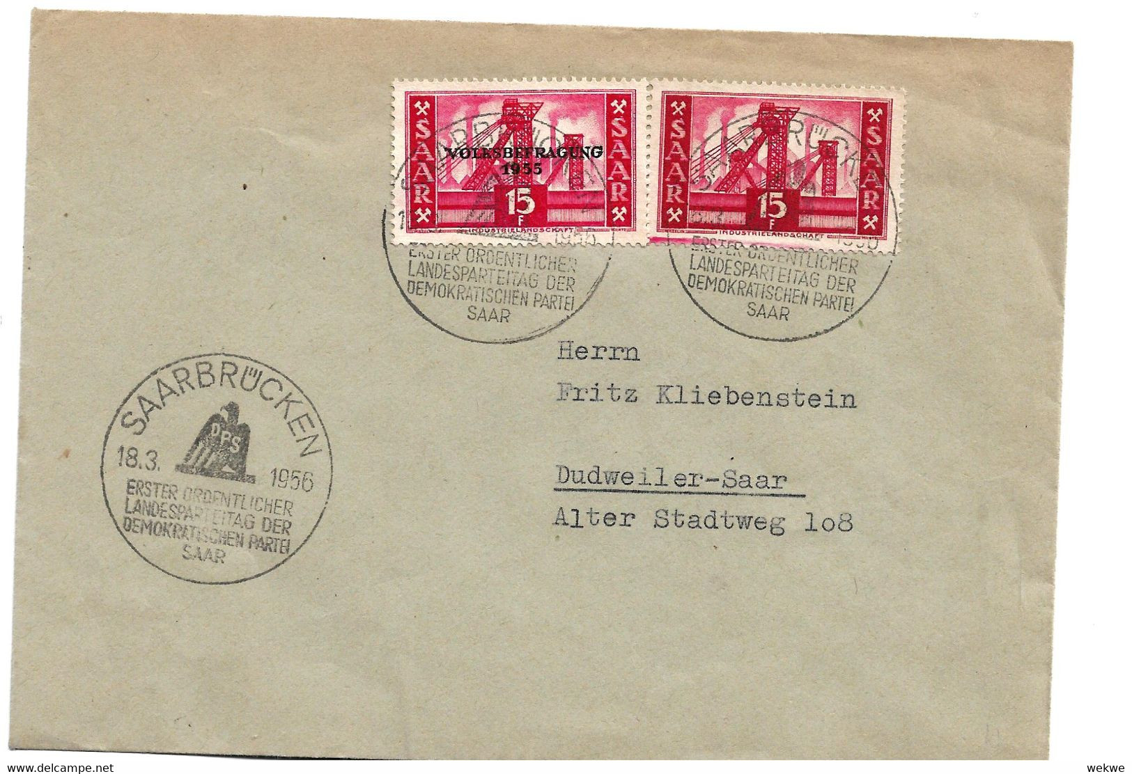 SAAR138 / Brief Mit Mi.Nr. 329 + 362. SELTENE Kombination, Frankatur Zum Parteitag 1956 - Covers & Documents