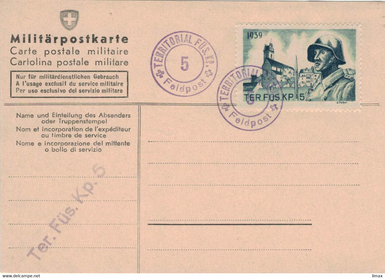 Militärpostkarte Territorial-Füsilier-Kompanie No. 5 Feldpost 1939 - Soldat Mit Bajonett - Poststempel