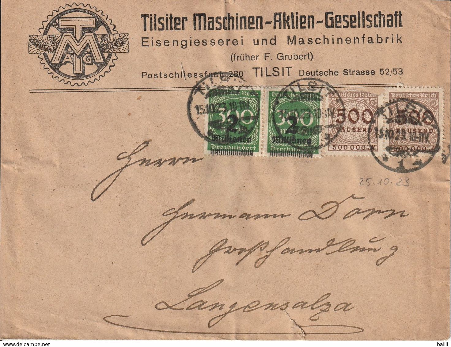 Allemagne Lettre Inflation Tilsit 1923 - Briefe U. Dokumente