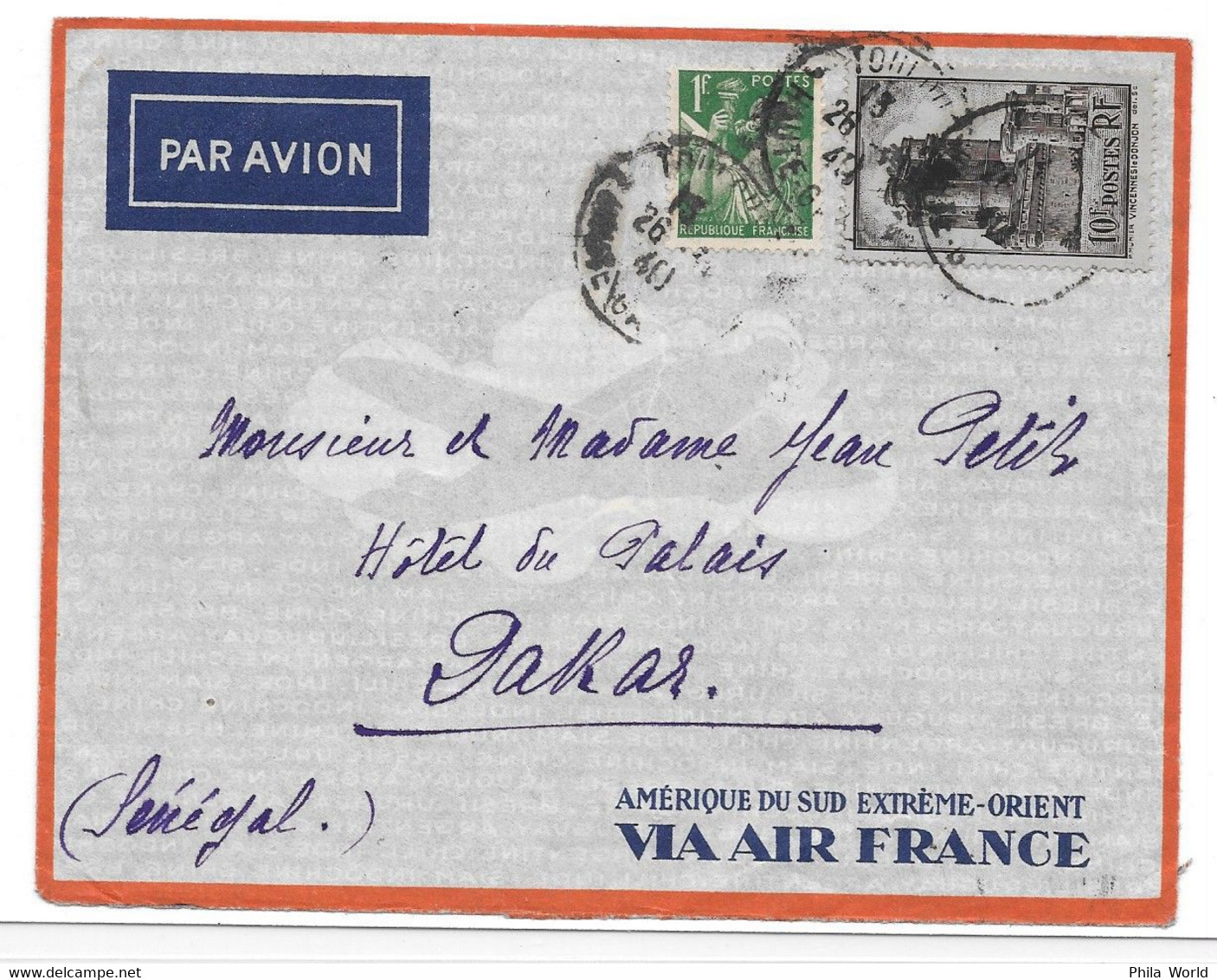 AIR FRANCE 1940 YT 393 10F Vincennes Donjon - MERCURE Sur Lettre Avec Surtaxe PAR AVION Pour SENEGAL Dakar - Covers & Documents