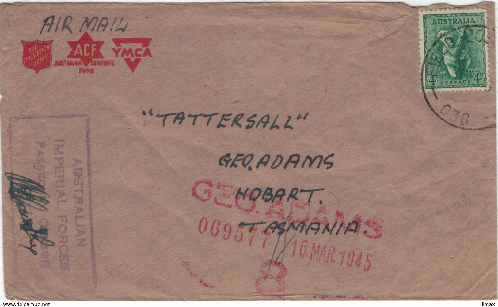 YMCA Koala Field Post Tattersall Hobart Tasmania - George Adams 1945 - Australian Imperial Forces Censor - Cartas & Documentos