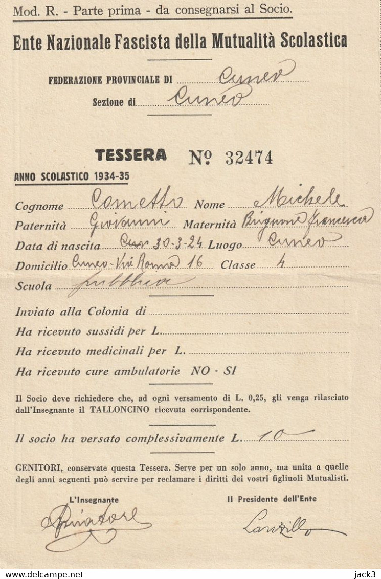 Tessera - Ente Nazionale Fascista Della Mutualita' Scolastica - Membership Cards