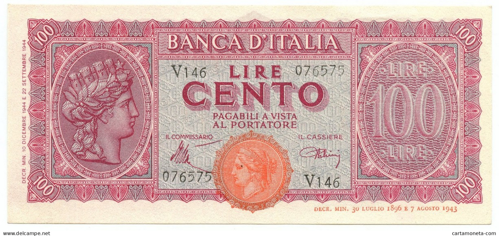 100 LIRE ITALIA TURRITA TESTINA 10/12/1944 SUP+ - Sonstige