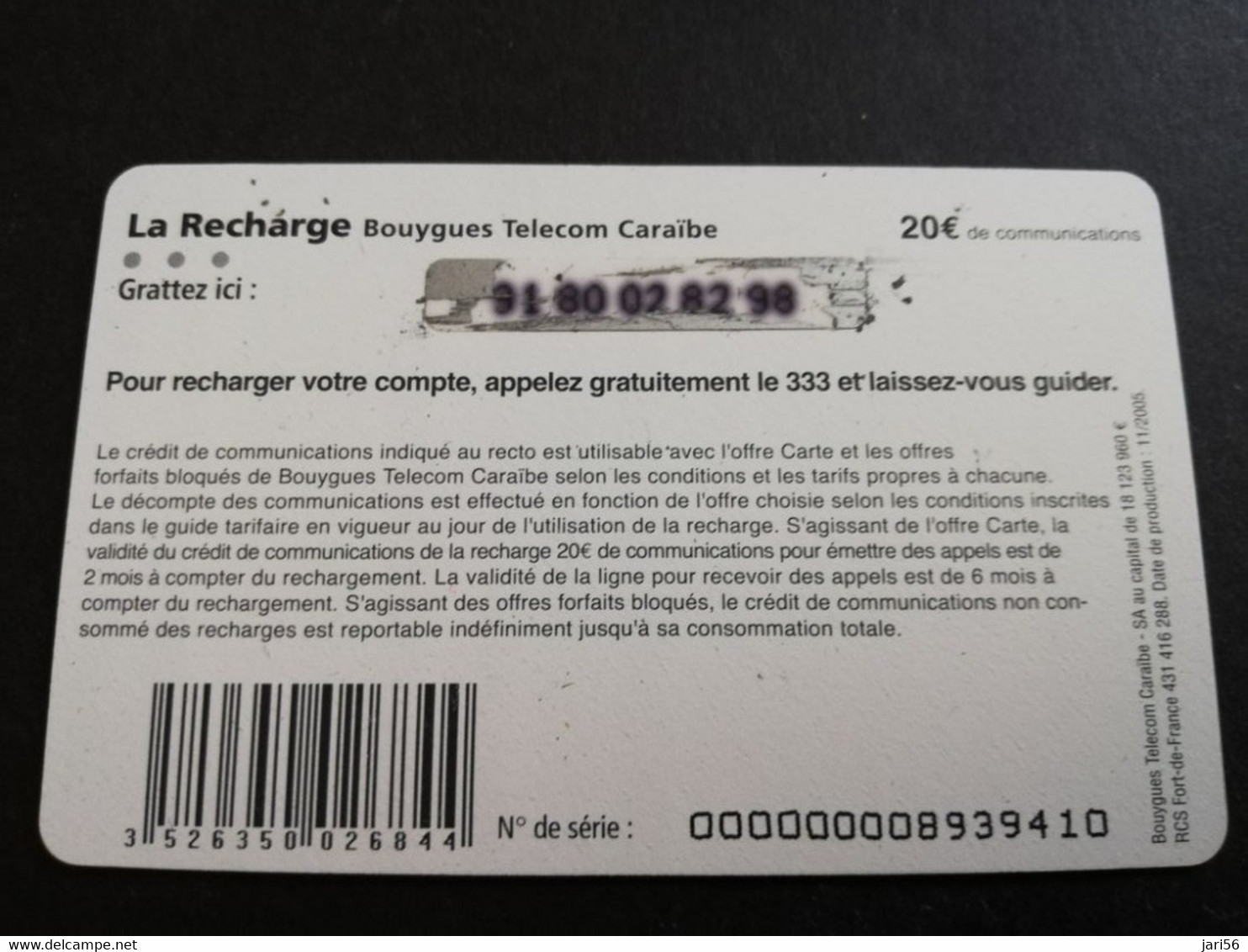 Caribbean Phonecard St Martin French Caribbean ANTILLES FRANCAISES RECHARGE BOUYGUES  20 EURO  ** 5752 ** - Antillen (Französische)