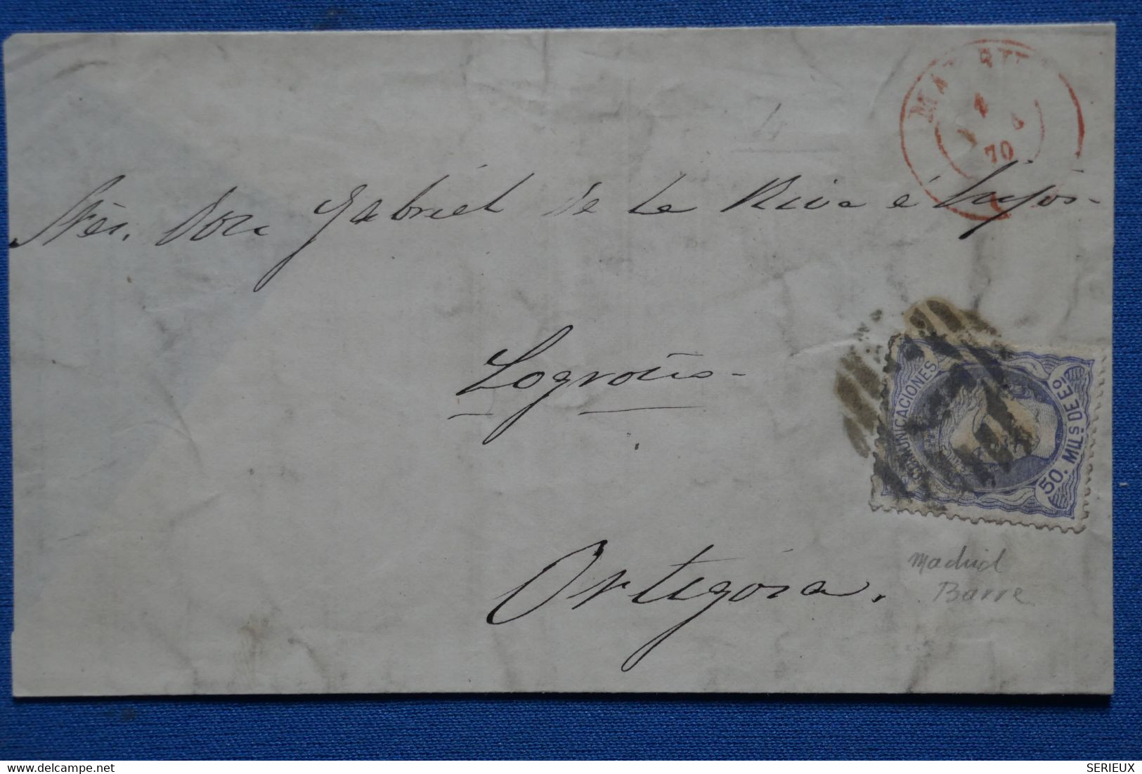 V23 ESPAGNE BELLE LETTRE 1870 CASTILLA NUEVA MADRID POUR ORTIGOSA+ CACHET A BARRE+ AFFRANCH. INTERESSANT - Storia Postale