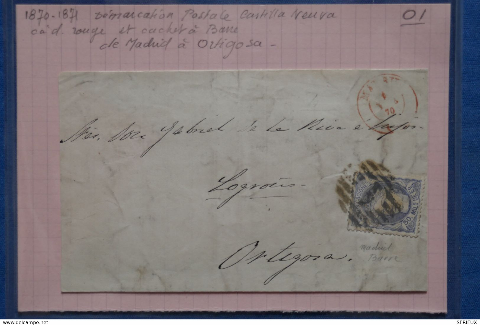 V23 ESPAGNE BELLE LETTRE 1870 CASTILLA NUEVA MADRID POUR ORTIGOSA+ CACHET A BARRE+ AFFRANCH. INTERESSANT - Covers & Documents