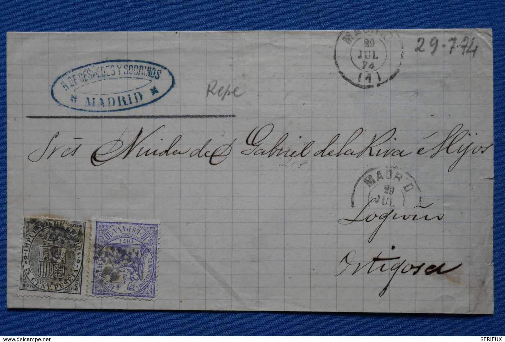 V23 ESPAGNE BELLE LETTRE 1874 CASTILLA NUEVA   MADRID POUR ORTIGOSA+ CACHET A  POINTS + AFFRANCH. INTERESSANT - Storia Postale