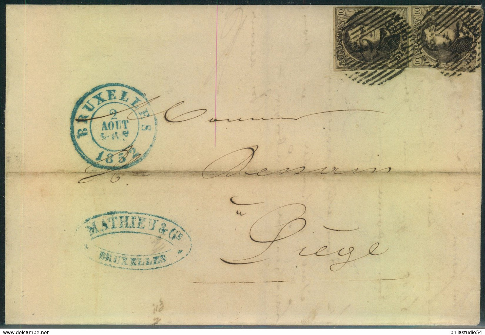 1852, Faltbrief Mit Senkrechtem Paar 10 C Ab BRUXELLES Nach Liege - 1849-1865 Medaillen (Sonstige)
