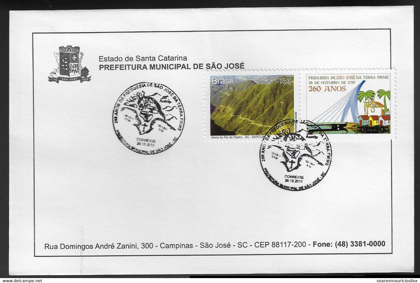 Brazil 2010 3 Cover With Personalized Stamp Turistical Sights of Santa Catarina 260 Years Parish São José Da Terra Firme - Gepersonaliseerde Postzegels