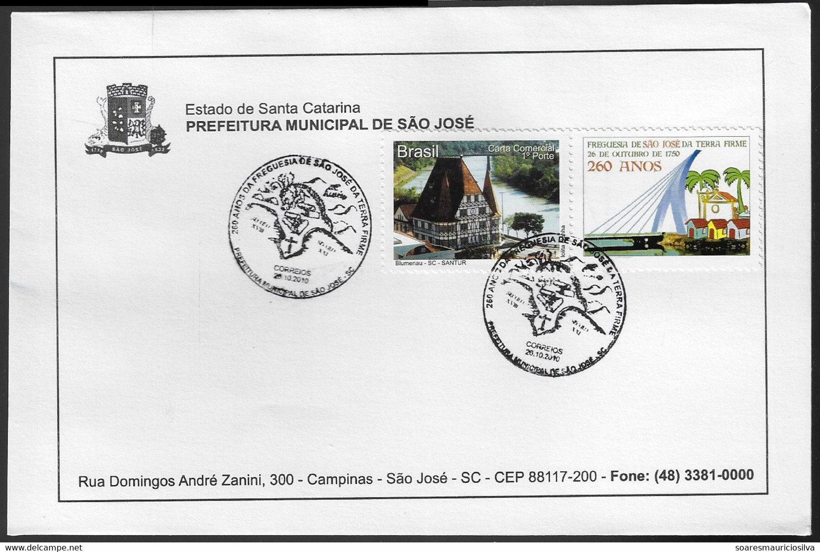 Brazil 2010 3 Cover With Personalized Stamp Turistical Sights of Santa Catarina 260 Years Parish São José Da Terra Firme - Personnalisés