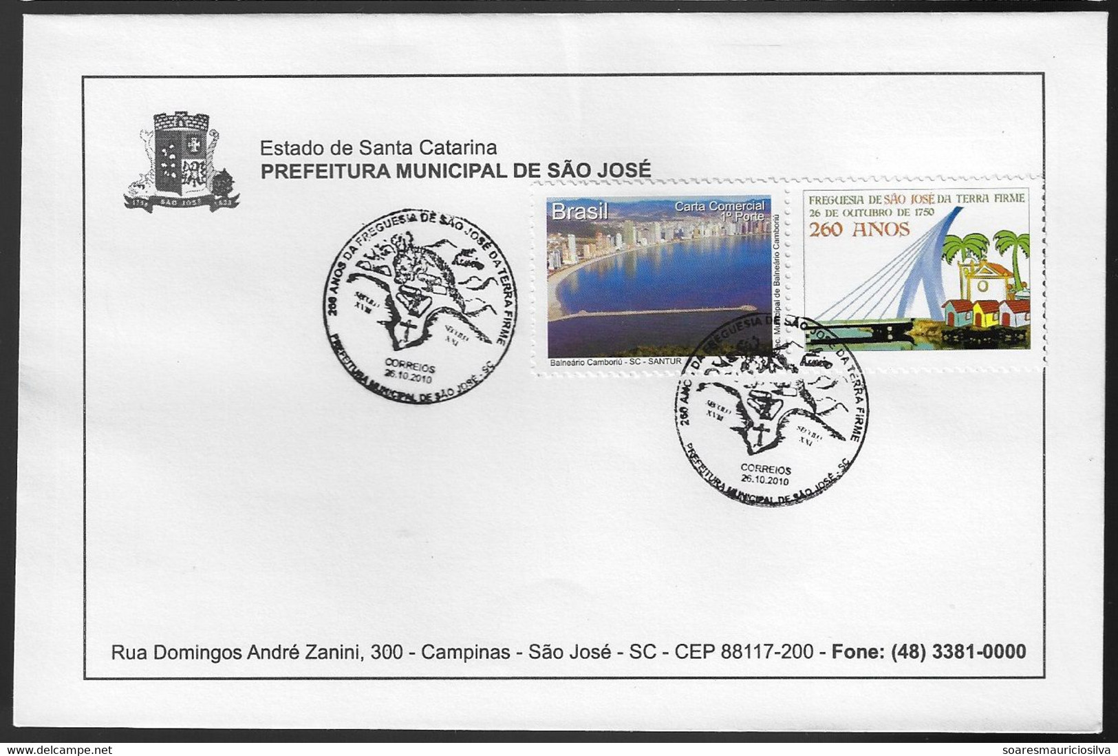 Brazil 2010 3 Cover With Personalized Stamp Turistical Sights of Santa Catarina 260 Years Parish São José Da Terra Firme - Gepersonaliseerde Postzegels