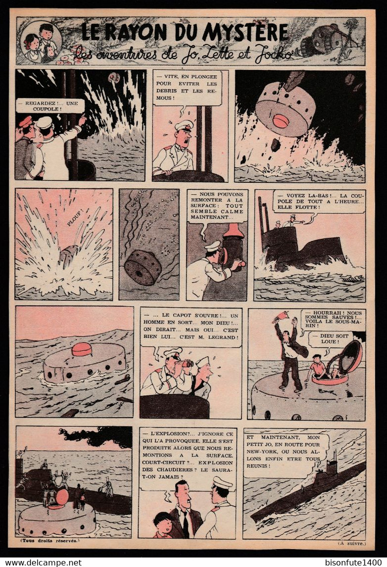 Une Page De Jo, Zette Et Jocko "Le Rayon Du Mystère" Datant De 1947 En Bichromie Avec Bandeau Titre Inédit En BD. - Jo, Zette & Jocko