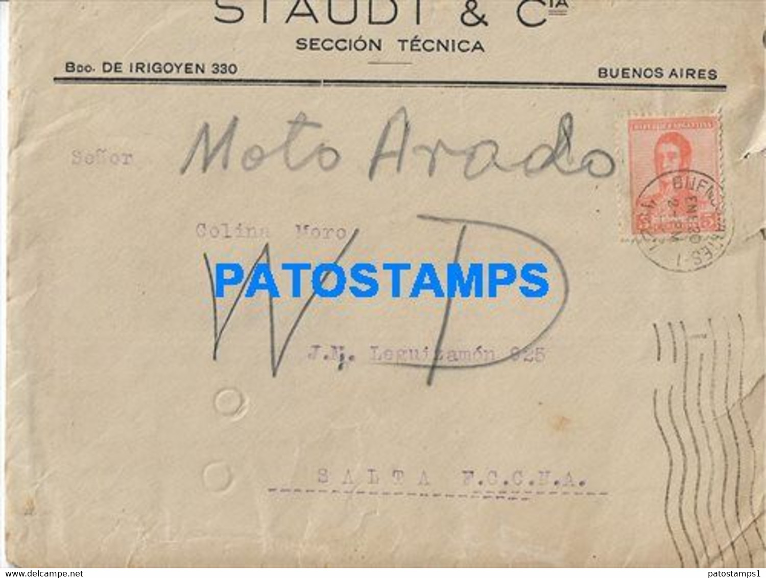 164399 ARGENTINA BUENOS AIRES COVER CANCEL YEAR 1921 CIRCULATED TO SALTA NO POSTCARD - Sonstige & Ohne Zuordnung