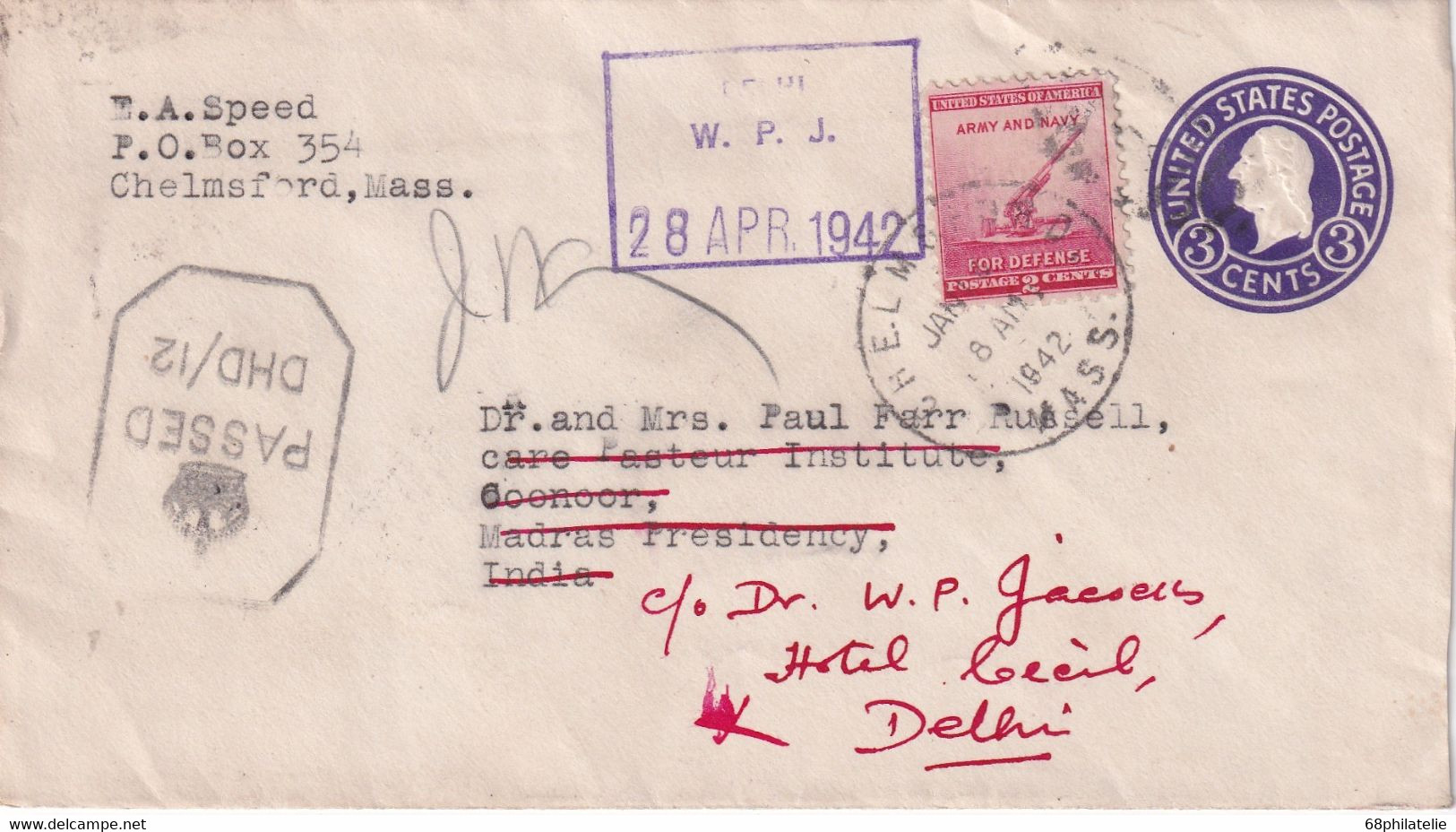 USA 1942 ENTIER POSTAL/GANZSACHE/POSTAL LETTRE DE CHELMSFORD - 1941-60