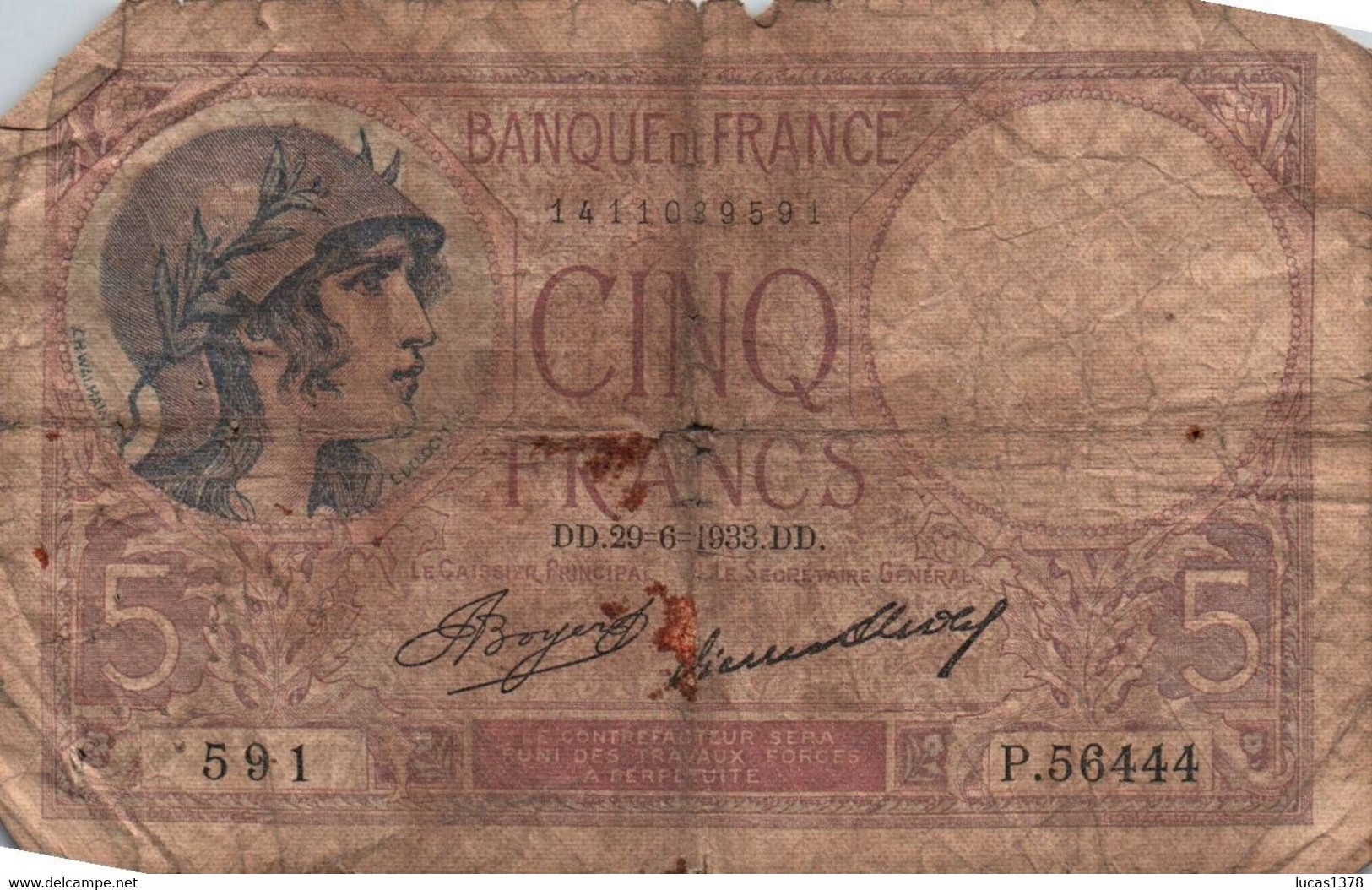 5 FRANCS 29/06/1933 - 5 F 1917-1940 ''Violet''