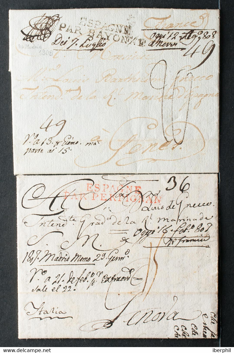 Sobre . (1807). Conjunto De Dos Cartas Remitidas Desde MADRID A GENOVA (ITALIA) Y GENES (FRANCIA), Con Marcas De Tránsit - Other & Unclassified